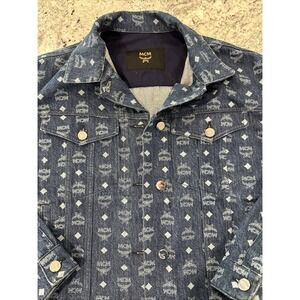 MCM Blue Jean Monogram Logo Woven‎ Denim Jacket Size 44 EUC